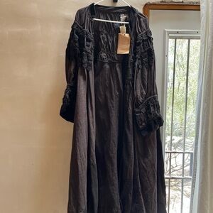 Black Cotton Duster with Embroidered Details, Patchwork, Velvet